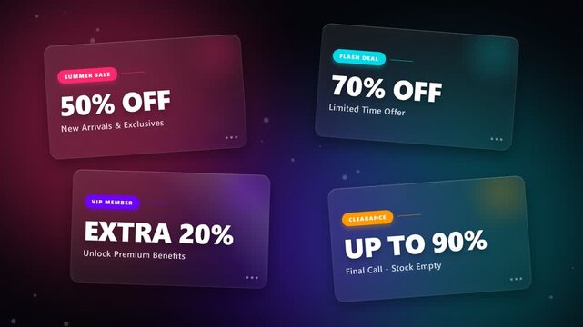 Set of Frosted Glass Sale Banners with 50 70 and 90 Percent Discounts for Digital Marketing and Ecommerce