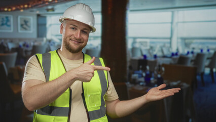 Man wearing white hardhat and hi vis vest showing thumbs up with open hand in building  safety teamwork approval. © Krakenimages.com