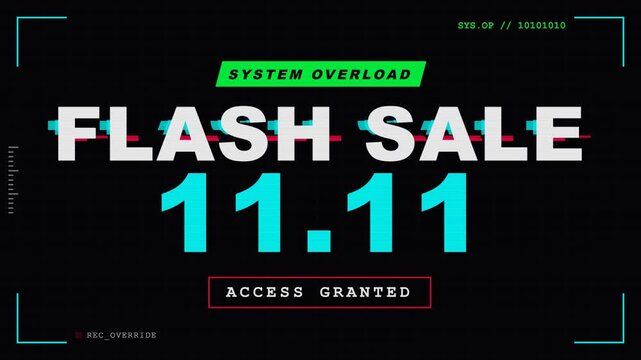 Digital Flash Sale 1111 Promo with Cyberpunk Glitch HUD System Overload and Scanline Distortion Effects for Ecommerce