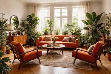 Fototapeta premium Bright vintage apartment living room decorated with green plants and orange seating