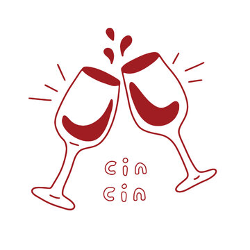 
Clinking wine glasses with &ldquo;cin cin&rdquo; lettering in minimal doodle style. Festive alcohol drink vector illustration isolated on light background. Perfect for cocktail party invitations