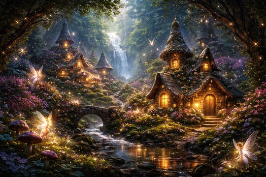 Enchanting fantasy village artwork showing whimsical homes in a forest with fairies