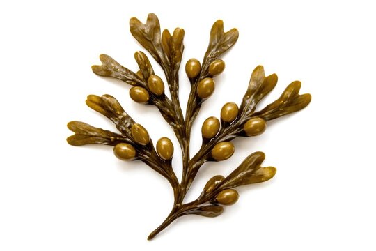 Single brown bladder wrack seaweed branch showing air vesicles on white backdrop