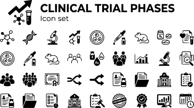Clinical Trial Phases Icon Set Discovery Preclinical Phase I Phase II Phase III NDA FDA Review Approval Post-Market IND Drug Development Vector Illustration