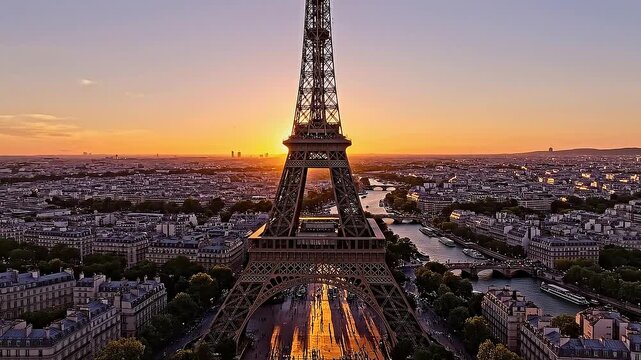 The iconic Eiffel Tower stands tall in Paris at sunset overlooking the cityscape and Seine River with lush greenery surrounding it.