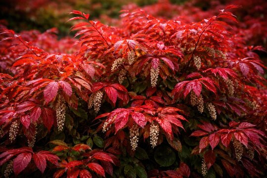 Dense grouping of Leucothoe axilliaris and coastal dog hobble with bright red leaves