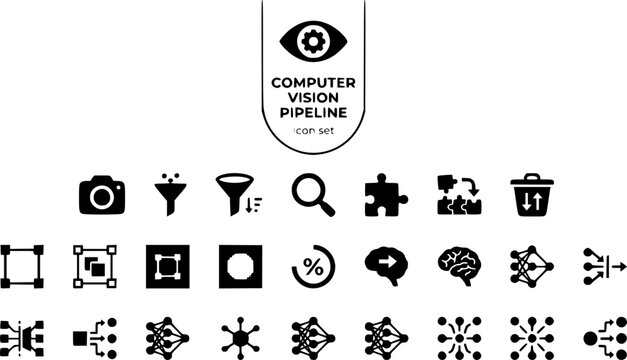 Computer Vision Pipeline Icon Set Capture Preprocess Detect Segment Classify Bounding Box Heatmap Confidence Infer Image Recognition ML Pipeline Vector Illustration