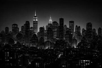 Obraz premium Monochrome urban skyline featuring buildings at night with copy space