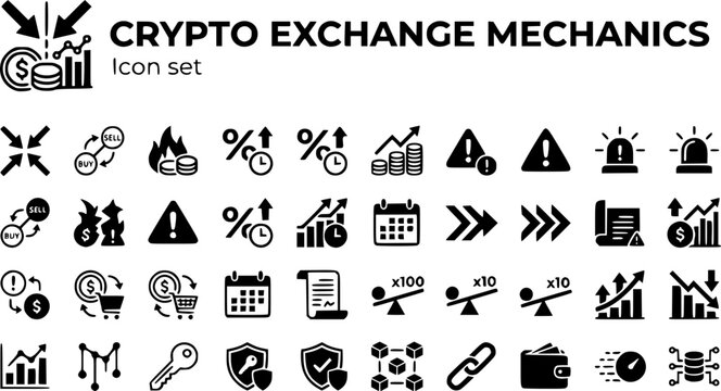 Crypto Exchange Mechanics Icon Set Order Match Liquidation Funding Rate Open Interest Margin Call Spot Futures Leverage Long Short CEX DEX Trading Vector Illustration