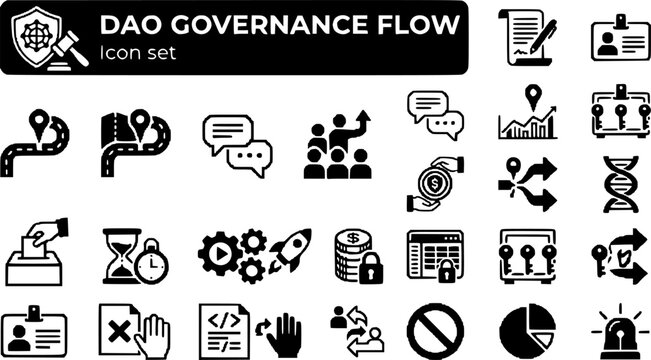 DAO Governance Flow Icon Set Proposal Discussion Snapshot Quorum Vote Timelock Execute Treasury Multisig Veto Decentralized Autonomous Organization Vector