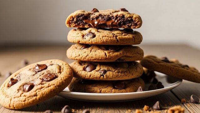 A stack of chocolate chip cookies on a plate