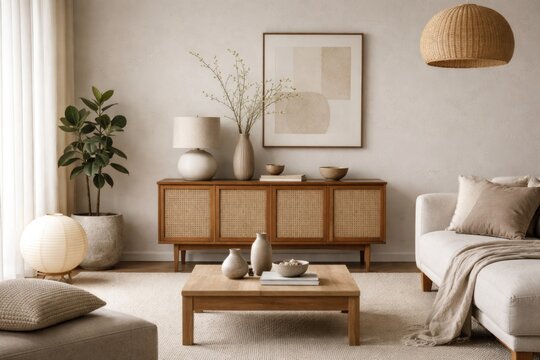 Minimalist living area combining retro commode mockup and Japandi aesthetics