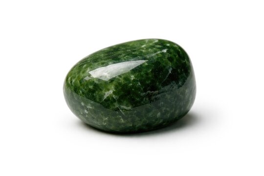 Single green nephrite mineral sample resting on an uncluttered white surface