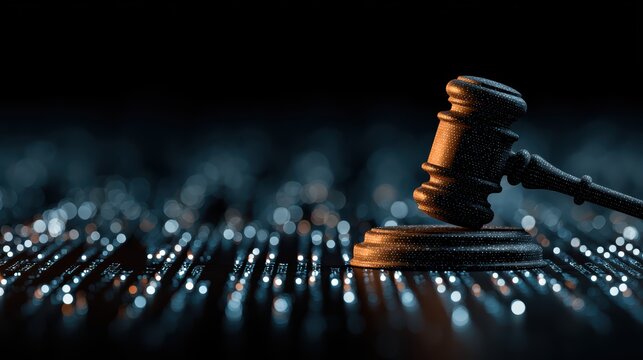 Judge gavel on dark reflective surface with glowing binary code streams. Artificial intelligence bias in legal system, algorithmic discrimination affecting court decisions and modern justice.