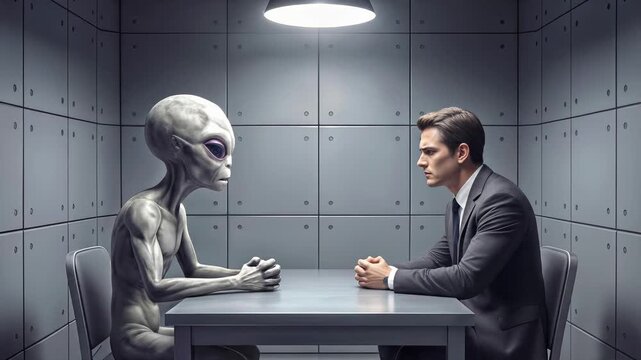 Government official conducting formal interview with grey extraterrestrial being in high-security facility. Lockdown wide shot.
