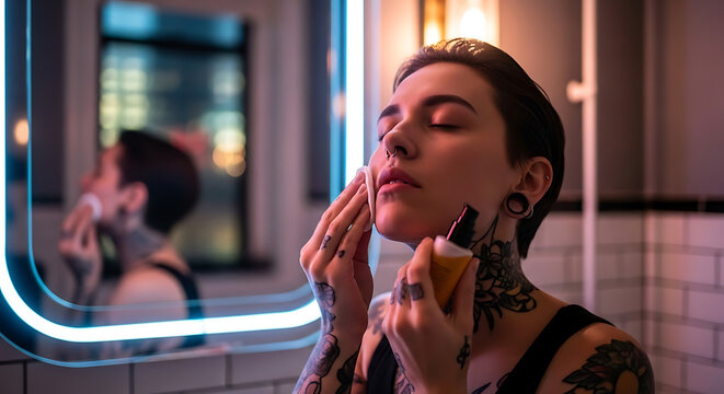 Trans man with tattoos cleansing face with cotton pad under neon bathroom glow.