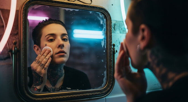 Trans man with tattoos cleansing face with cotton pad under neon bathroom glow.