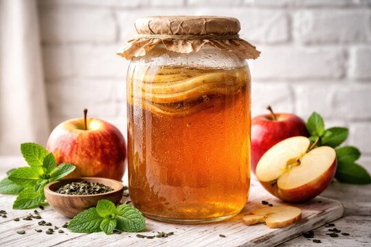 Nutritious probiotic kombucha in jar with apples on white brick background vertical format