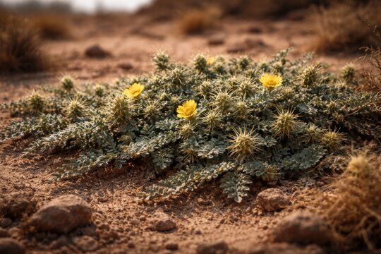Tribulus terrestris featuring spiny foliage in drought prone area