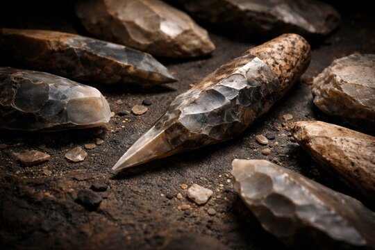 Black background showing Acheulean period flint burin hand tools