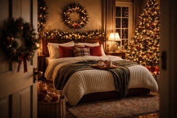 Obraz premium Inviting Christmas bedroom setting with door open to holiday decorations