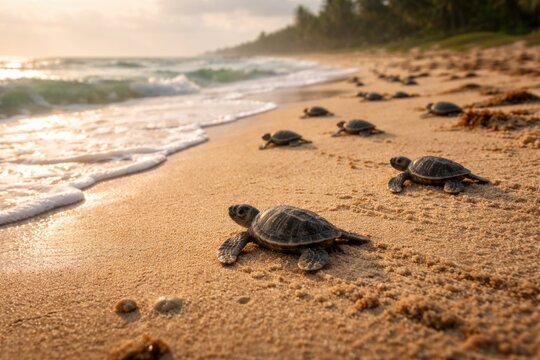Baby turtles navigating sandy coastline during daytime