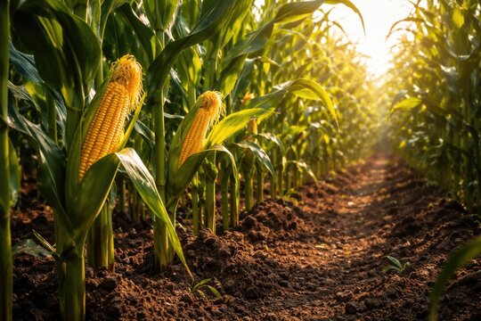 Sunlit corn stalks flourishing in deep rich soil with vivid colors