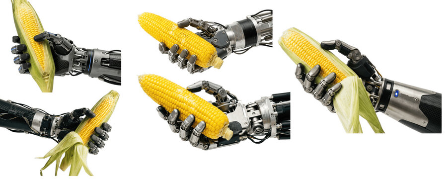 Robotic hand carefully holding bright yellow corn cobs, showcasing advanced prosthetic dexterity in smart agriculture, automated harvesting, and precise food handling

