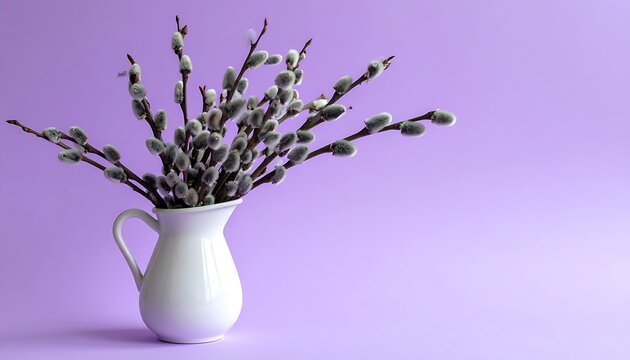 A white pitcher filled with fluffy grey pussy willow branches against a soft purple background, symbolizing spring and new beginnings