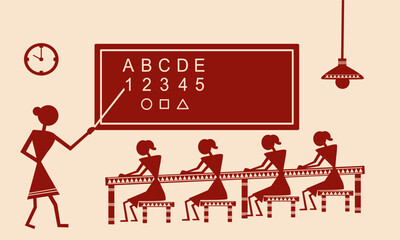 classroom scene where a teacher teaching students on a chalkboard. primary or early education, literacy, women empowerment, school education, learning, cultural themes content 