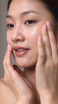 Cosmetics Skin Care Concept Video of Close-up Woman Perfect Face with Hydrated Skin. Vertical