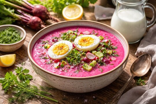 Summer beetroot and kefir chilled soup with egg garnish
