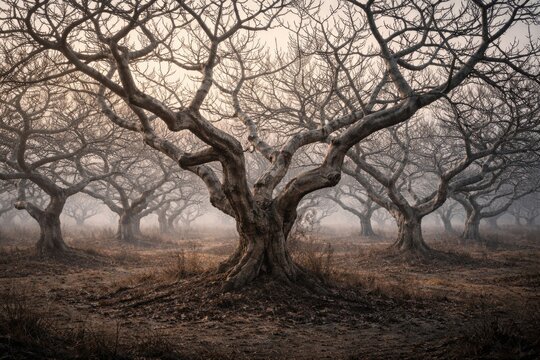 Twisted branches of leafless fig trees in a quiet winter plantation setting