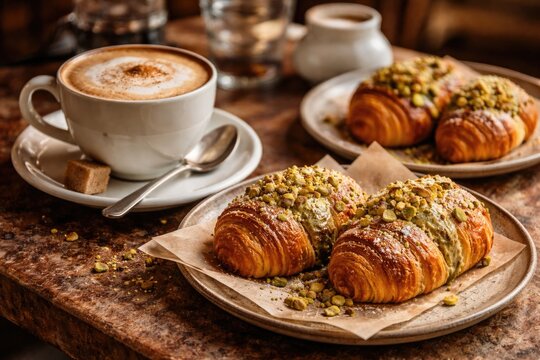 Flavorful cafe au lait alongside homemade pistachio pastries