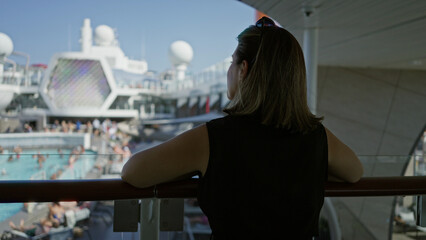 Obraz premium Woman leans on ship rail with arms resting on railing and looks over crowded pool on deck; calm contemplation.