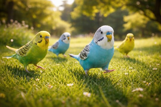 Playful pet parakeets running around a vivid green grass lawn in full length view on a warm summer day
