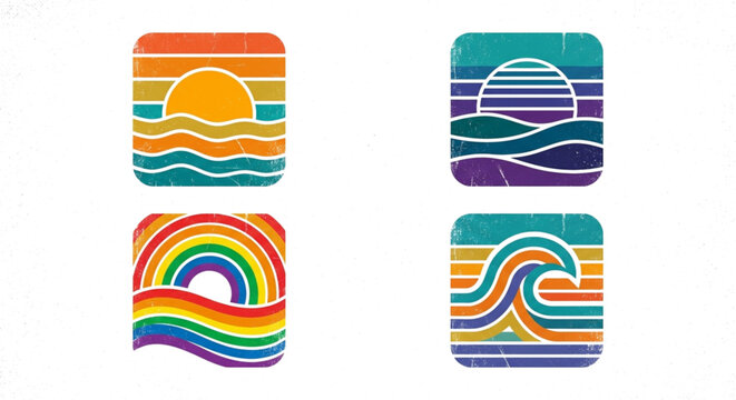 Set of four vintage-style square icons featuring sunsets, waves, and a rainbow, evoking a retro aesthetic.
