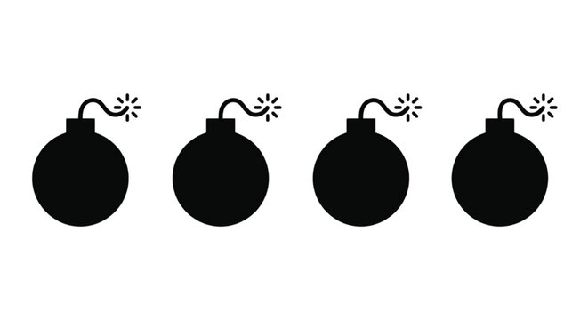 A simple illustration featuring four black silhouette bomb icons, each with a lit fuse sparking, arranged in a row.