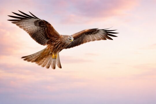 Elegant red kite hovering above a gentle pastel background featuring copy space