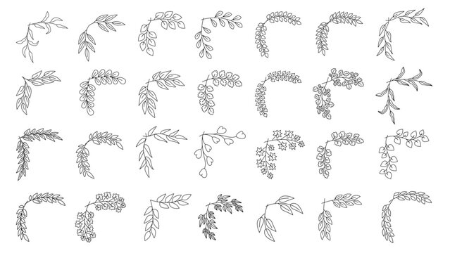 A collection of decorative leafy vines arranged in rows across the image. floral border ornament frame corner. Flourish vintage fancy natural wedding doodle Vector illustration