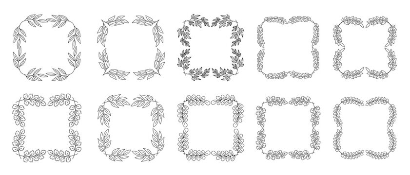 Set of leaf border frames for design projects. Floral square frames set with botanical line art borders. Elegant vintage style, decorative design elements. Vector illustration