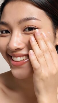 Cosmetics Skin Care Concept Video of Close-up Woman Perfect Face with Hydrated Skin. Vertical
