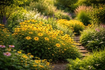 Obraz premium Summer garden scene with vivid yellow blossoms surrounded by lush green plants