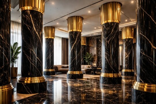 Contemporary design showcasing gold columns on black marble pillars