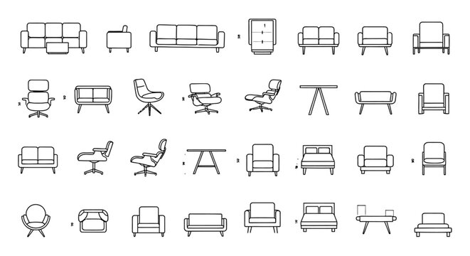 minimalist line art collection of diverse furniture pieces for architectural floor plans and interior design concepts