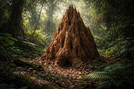 Wildlife scene featuring a termite mound in dense natural terrain