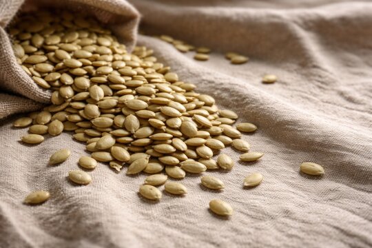 Peeled pumpkin seeds spilling over a textured linen cloth with generous copy space