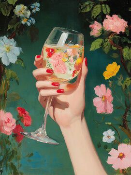 woman's hand holds wine glass with floral reflections