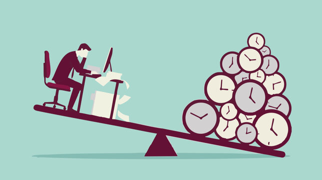 Stressed businessman balancing work and time on a seesaw illustration
