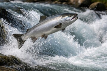 Fototapeta premium Silver salmon in joyful leap above fresh flowing water